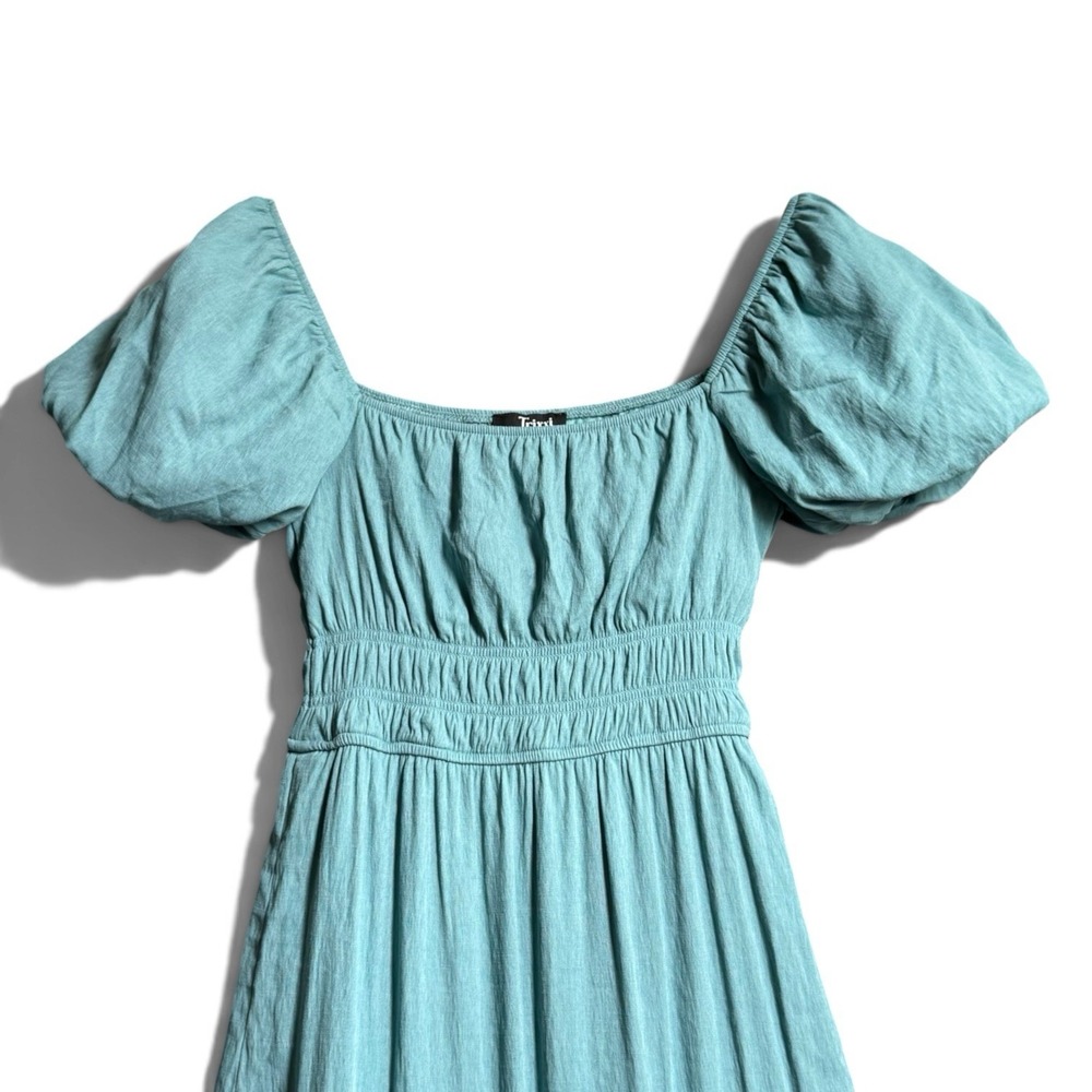 Trixxi Maxi Dress S Teal Smocked Puff Sleeve Tiered Boho Cottagecore Fairycore - Picture 14 of 15